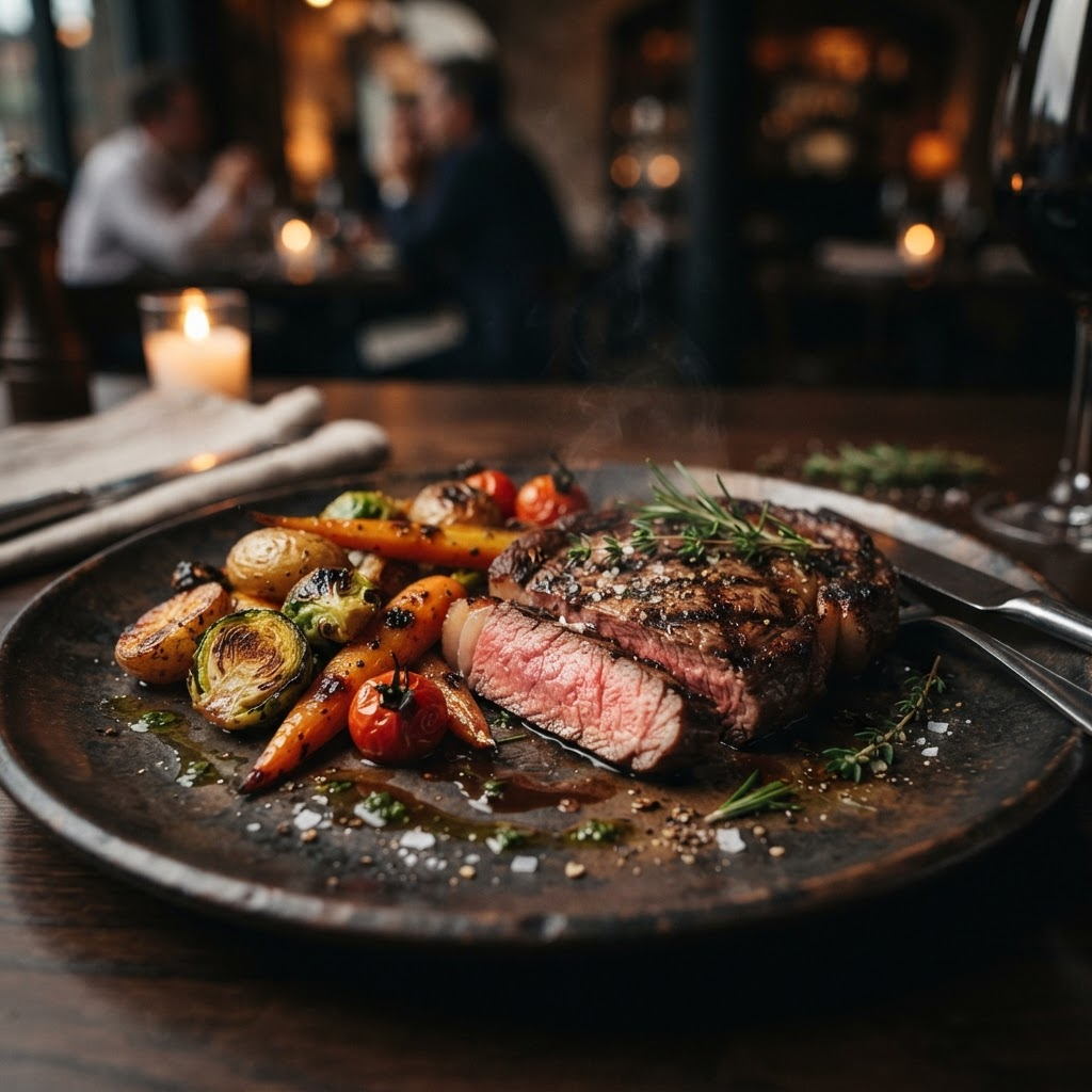 Grilled ribeye steak with roasted vegetables