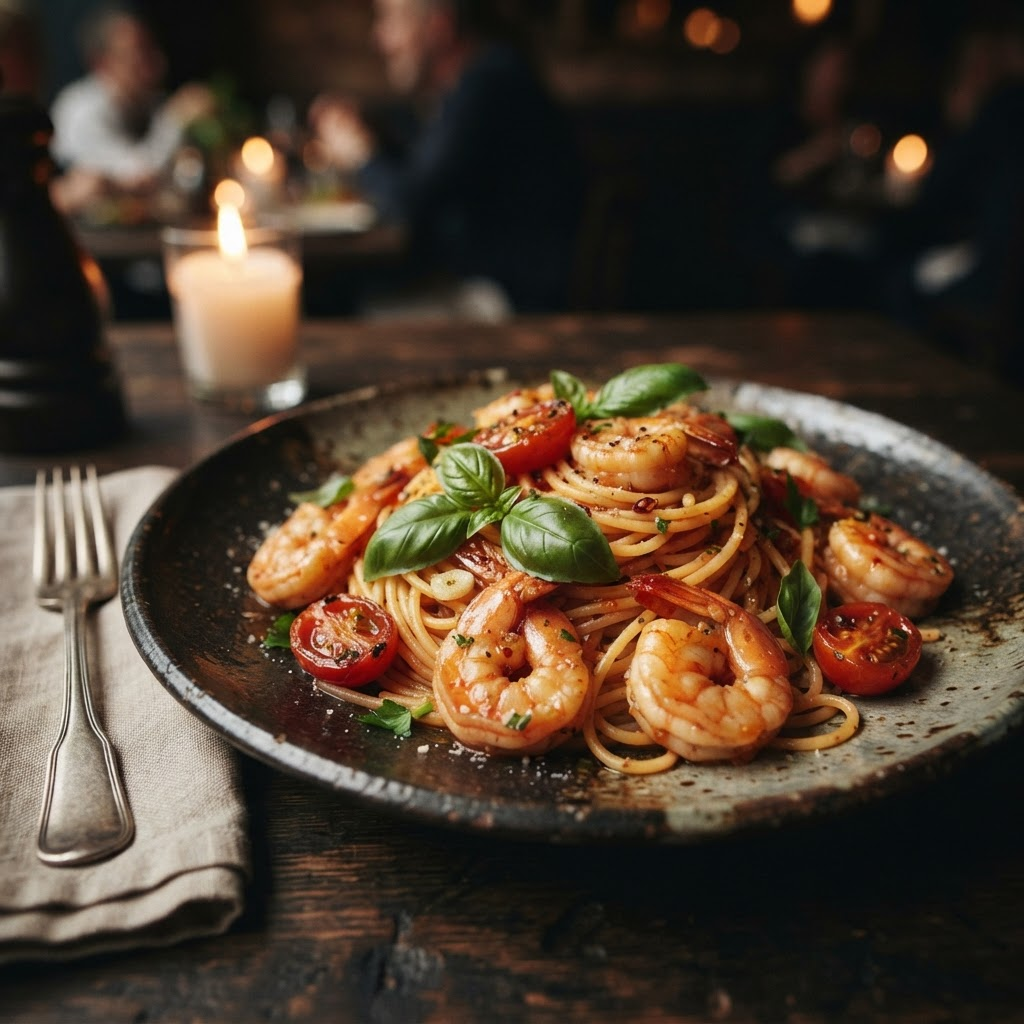 Seafood linguine with prawns and basil