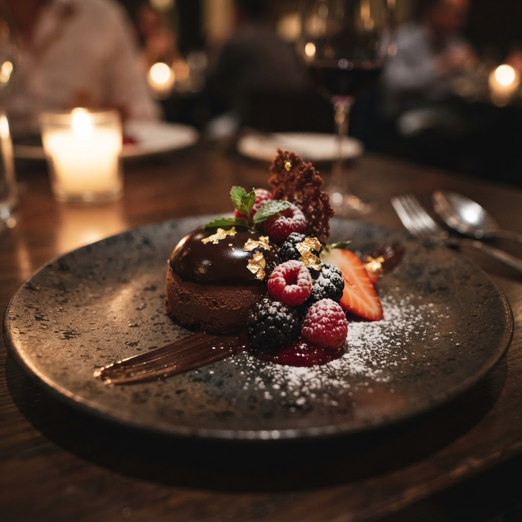 Dark chocolate dessert with berries