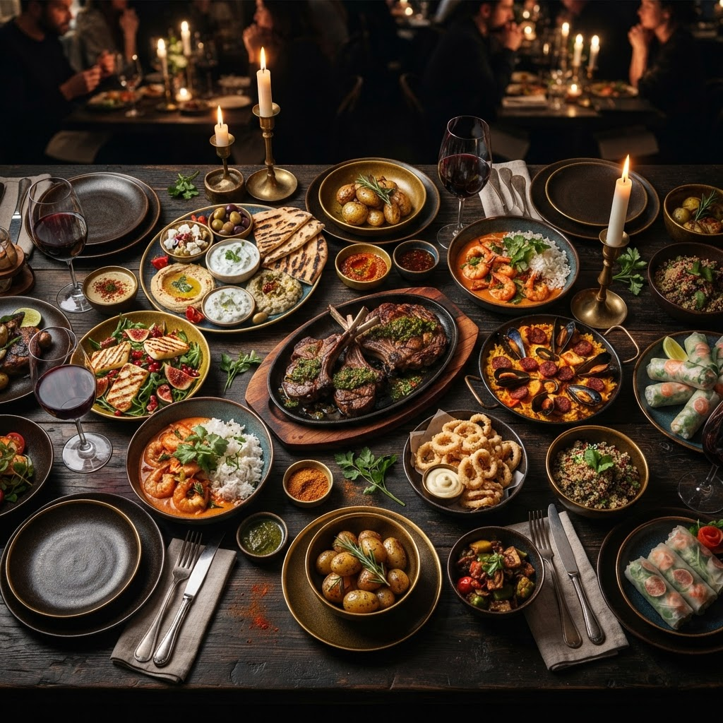 An elegant spread of world cuisine dishes on a candlelit table