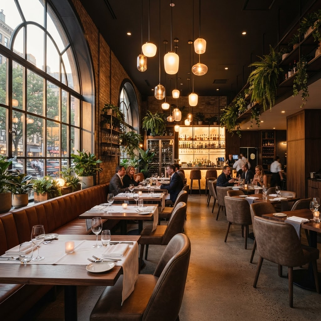 The warm, inviting dining room at Food Planet Restaurants